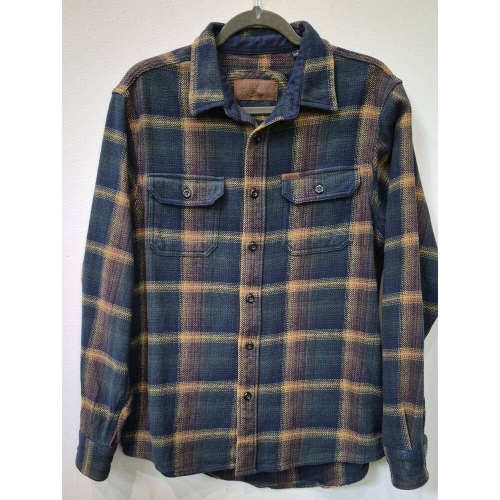 Orvis Blue Plaid Cotton Flannel Shacket Mens M Cabincore Outdoor Camp Hike Cozy